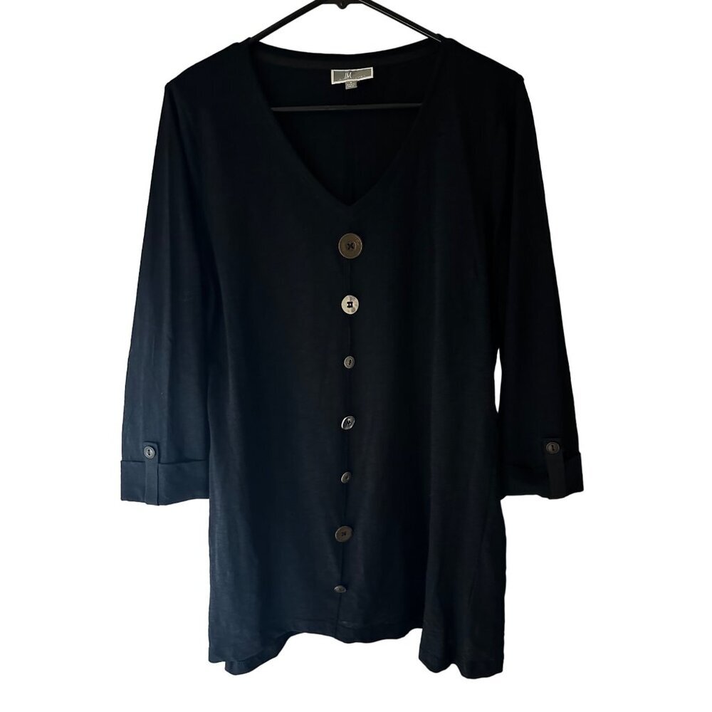 Jm Collection Size S Black 3/4 Sleeve V Neck Mixed Metal Button Lagenlook Shirt